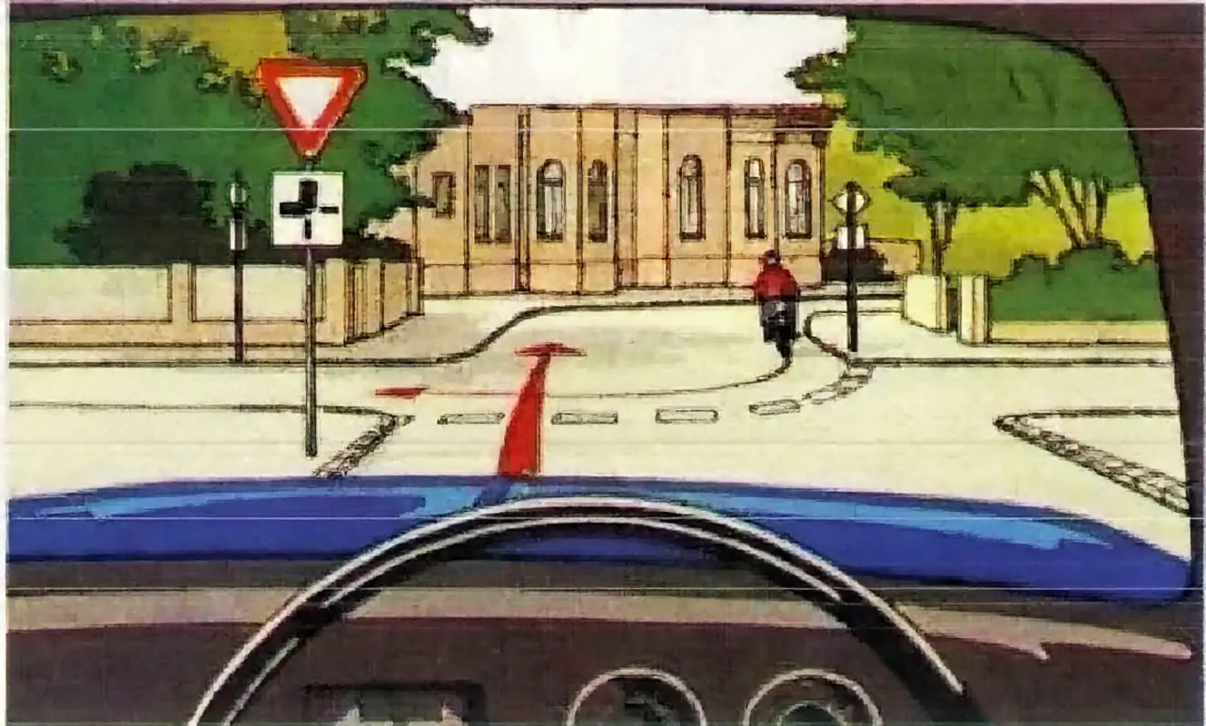 Driver's view approaching a yield sign with a priority road sign and a cyclist ahead